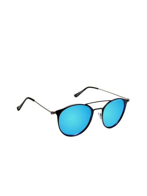 David Blake Unisex Blue Lens & Black Round Sunglasses With