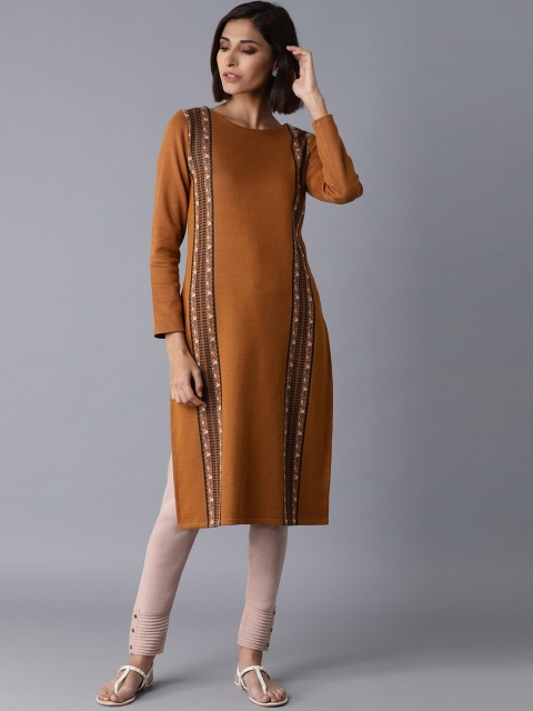 

W Women Mustard Woven Design Straight Kurta