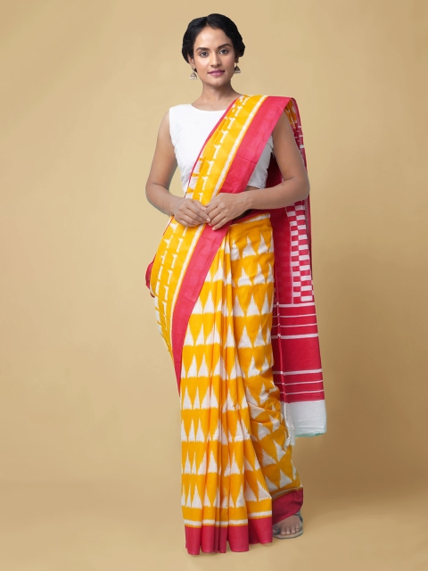 

Unnati Silks Yellow & Pink Pure Cotton Printed Pochampally Saree