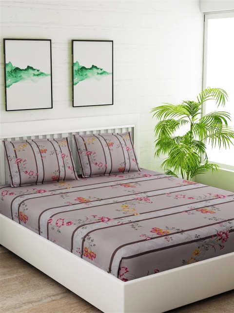 

Salona Bichona Pink & Brown Floral 180 TC Cotton 1 King Bedsheet with 2 Pillow Covers