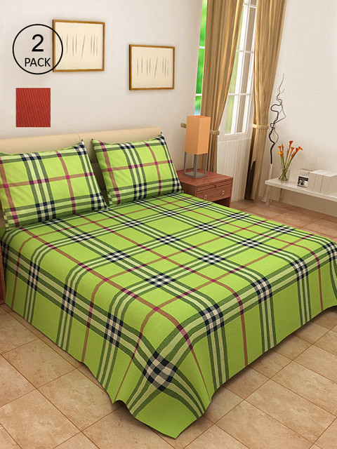 

KLOTTHE Set Of 2 Green & Orange Woven Design Double Bed Covers With 4 Pillow Covers