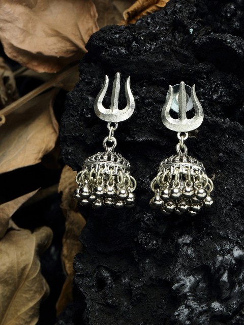 

Moedbuille Temple Design Oxidised Silver Plated Handcrafted Chandelier Jhumkas