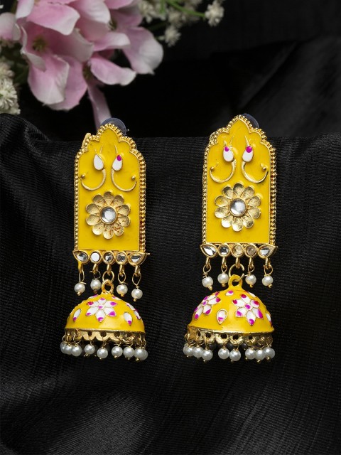 

Moedbuille Kundan Studded Handpainted Yelllow Meenakari Gold Plated Handcrafted Brass Jhumkas, Yellow