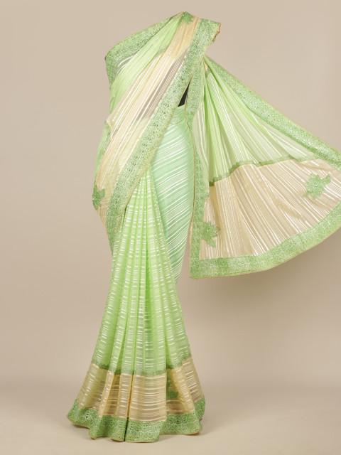 

Pothys Green & Cream-Coloured Poly Chiffon Striped Saree