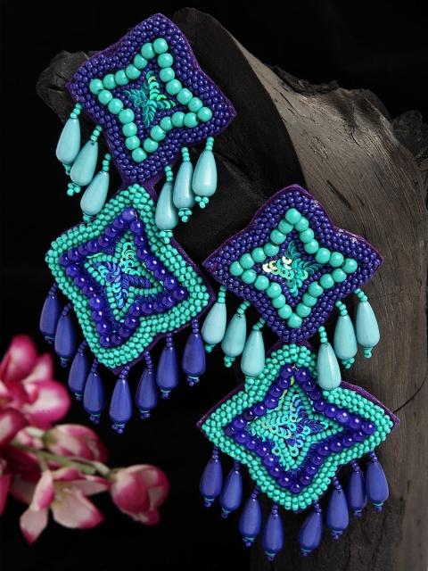 

Moedbuille Turquoise Blue Beads Studded Contemporary Design Handcrafted Afghan Drop Earrings