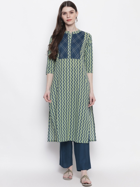 

Khushal K Women Green & Navy Blue Printed Viscose Rayon Kurta with Palazzos