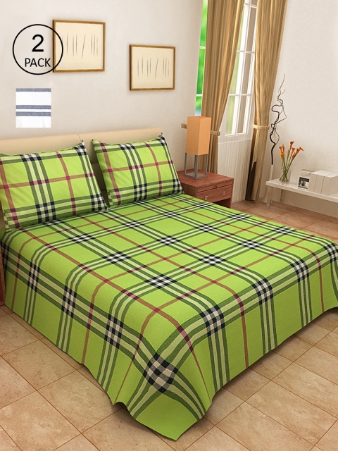 

KLOTTHE Set Of 2 Green & Grey Striped Double King Bed Covers With 4 Pillow Covers