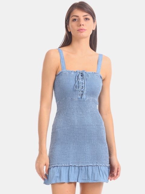 

Aeropostale Women Blue Solid Smocked Sheath Dress