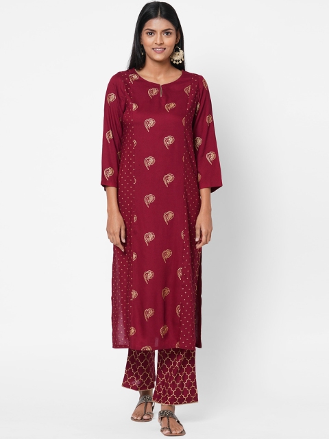 

Os Women Maroon & Gold-toned Ethnic Motifs Printed Keyhole Neck Kurta