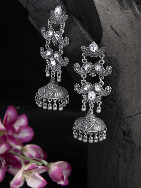 

Moedbuille White Stones Studded Temple Design Oxidised Silver Plated Handcrafted Tribal Jhumkas, Metallic