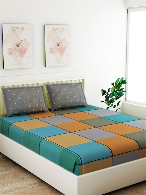 

Salona Bichona Blue & Brown Geometric 144 TC Polyester 1 Queen Bedsheet with 2 Pillow Covers