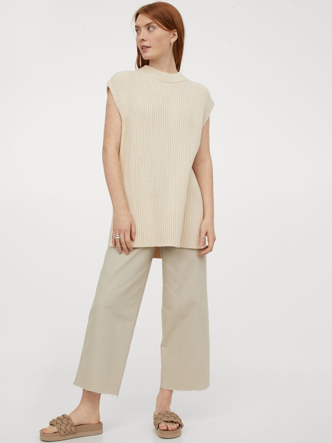 

H&M Women Beige Cotton Wide jeans