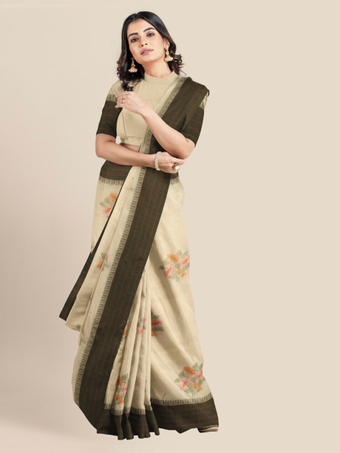 

KLM Fashion Mall Cream-Coloured & Olive Green Cotton Blend Printed Banarasi Saree