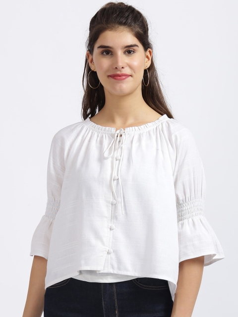 

Zink London White Tie-up Neck Bell Sleeves A-line Top
