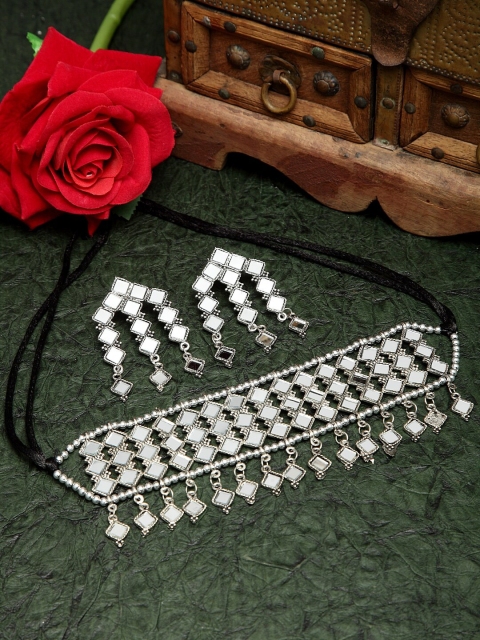 

Moedbuille Mirror Studded Oxidised Silver Plated Handcrafted Tasselled Jewelry Set