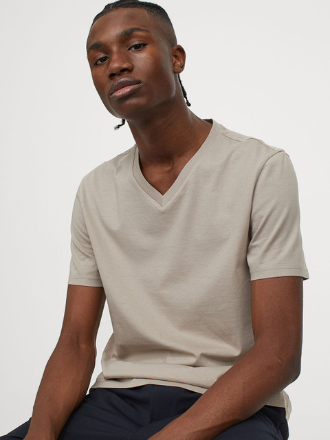

H&M Men Beige V-Neck Cotton T-shirt