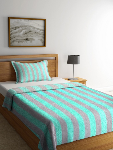 

KLOTTHE Green & Grey Striped Single Bed Cover With 1 Pillow Cover