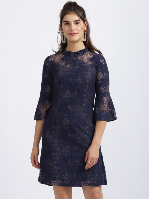 

Zink London Women Navy Blue Self Design Fit and Flare Dress