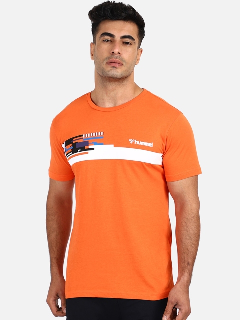 hummel Men Orange Striped Round Neck T-shirt