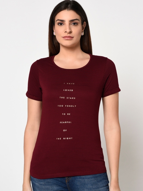 

METTLE Women Burgundy Printed Round Neck T-shirt