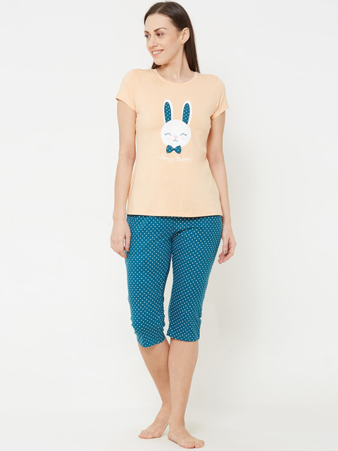 

Sweet Dreams Women Peach-Coloured & Blue Printed Night suit