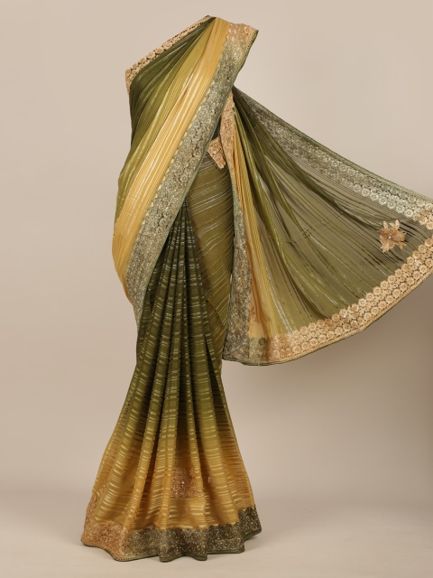 

Pothys Olive Green & Beige Poly Chiffon Striped Saree