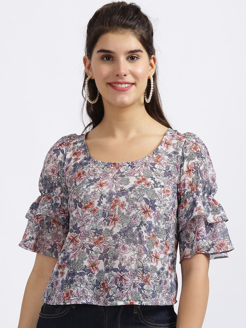 

Zink London White Floral Printed Bell Sleeves Regular Top