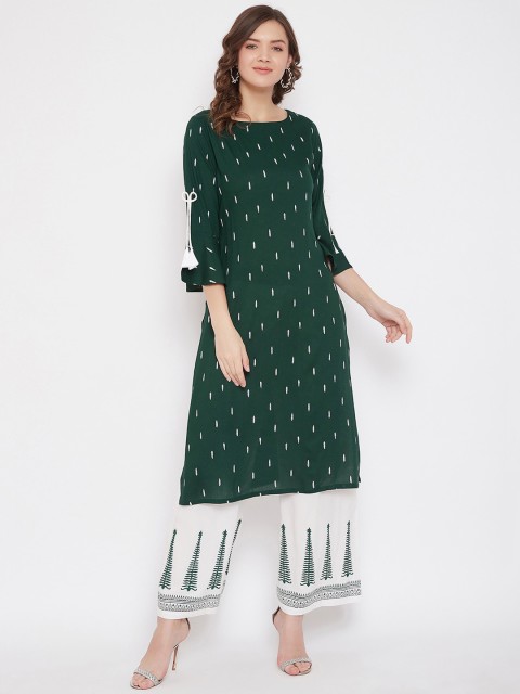 

Bitterlime Women Green & White Block Print Kurta with Palazzos
