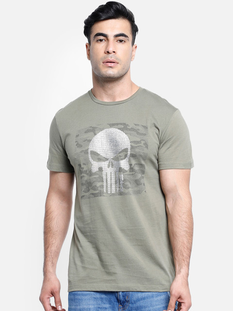

Free Authority Men Olive Green & White Punisher Printed Round Neck T-shirt