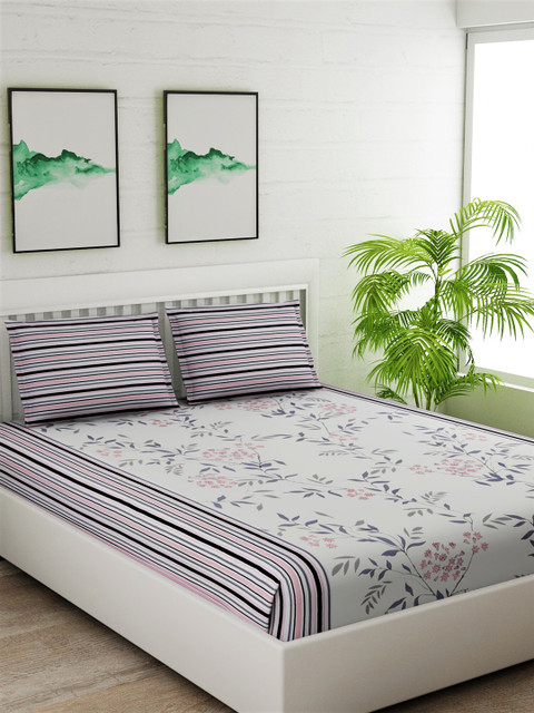 

Salona Bichona Off-White & Purple Floral 180 TC Cotton 1 Queen Bedsheet with 2 Pillow Covers