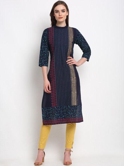 

Friskers Women Navy Blue & Red Striped Kurta