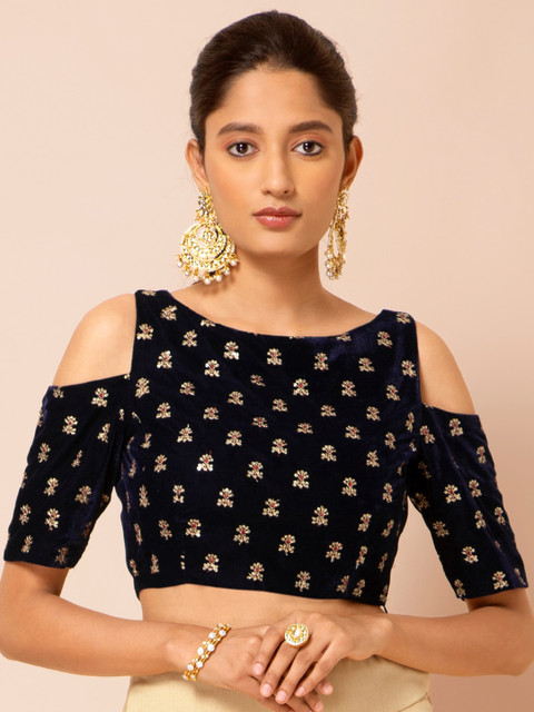 

Indya Navy Blue & Gold-Coloured Printed Cold-shoulder Sleeves Velvet Regular Crop Top