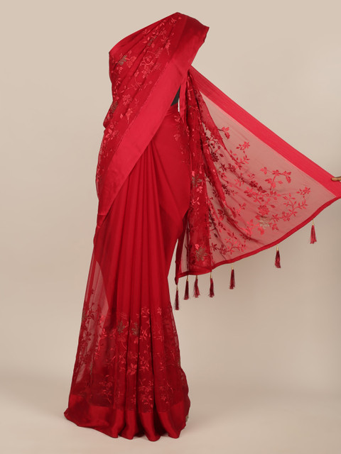 

Pothys Red Embroidered Poly Chiffon Saree