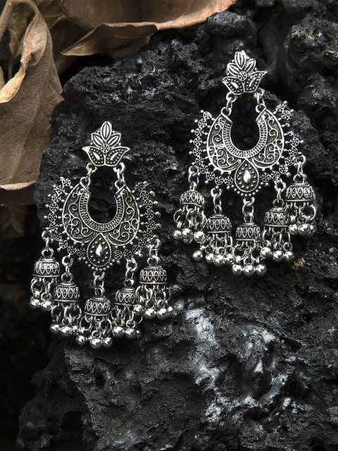 

Moedbuille Temple Design Oxidised Silver Plated Handcrafted Tribal Chandelier Jhumkas