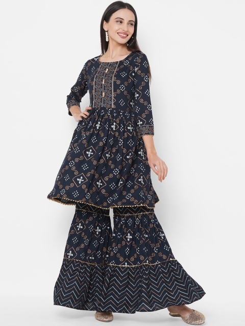

FASHOR Women Navy Blue Printed Kurta with Sharara