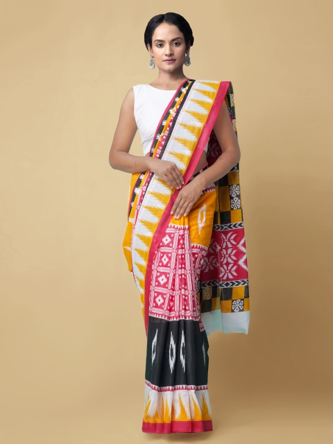 

Unnati Silks Yellow & Pink Pure Cotton Printed Pochampally Saree