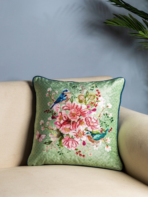 

Pure Home and Living Green & Pink Set of Single Embroidered Square Cushion Covers