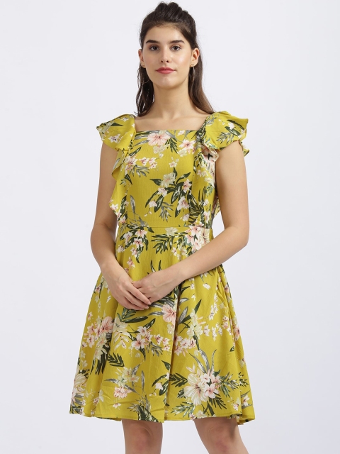 

Zink London Women Yellow Floral Printed Fit and Flare Dress