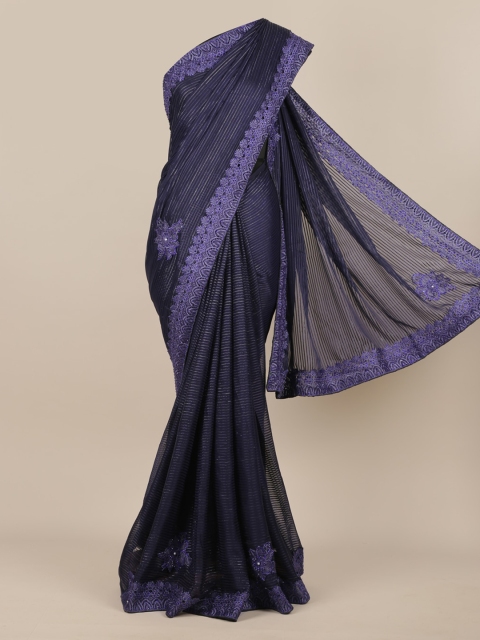 

Pothys Navy Blue Striped Poly Chiffon Saree