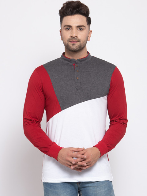 

Kalt Men Red Colourblocked Henley Neck T-shirt