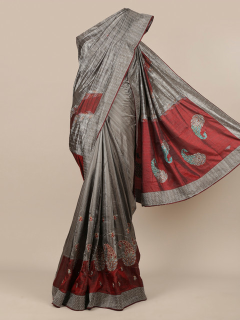 

Pothys Grey & Maroon Art Silk Embellished Saree