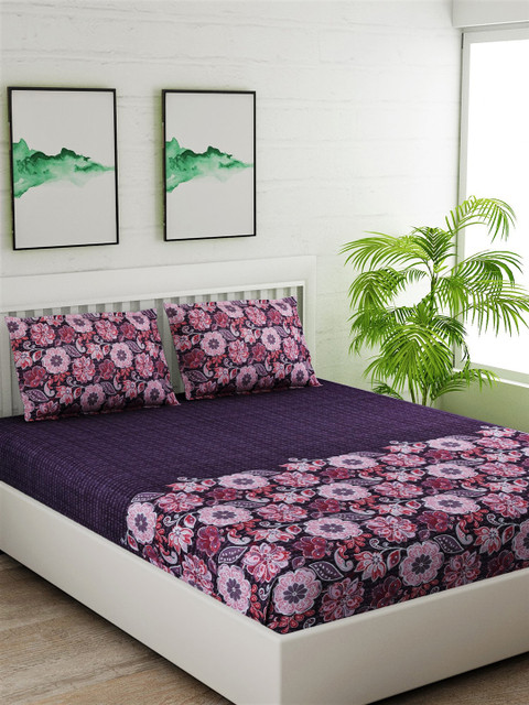 

Salona Bichona Violet & Pink Floral 180 TC Cotton 1 Queen Bedsheet with 2 Pillow Covers