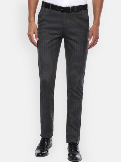 

Louis Philippe Men Grey Slim Fit Striped Formal Trousers