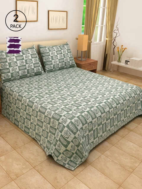 

KLOTTHE Set Of 2 Purple & Green Woven Design Double King Bed Covers with 4 Pillow Covers