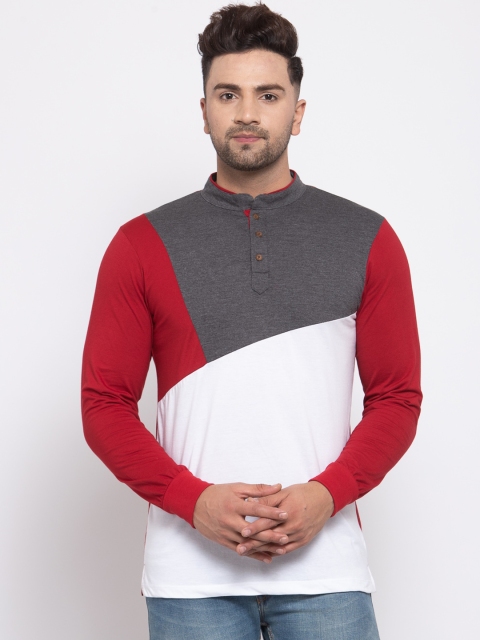 

Kalt Men Red Colourblocked Henley Neck T-shirt