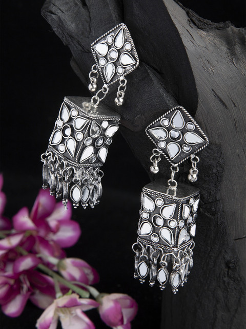 

Moedbuille Mirrors Studded Tasselled Design Oxidised Silver Plated Handcrafted Tribal Jhumkas