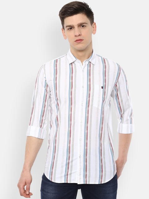 

Louis Philippe Jeans Men White & Maroon Slim Fit Striped Pure Cotton Casual Shirt