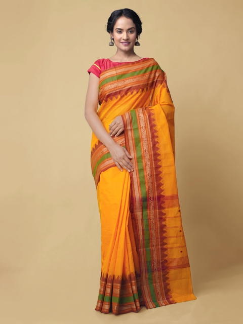 

Unnati Silks Orange Pure Cotton Solid Handcrafted Chettinad Saree