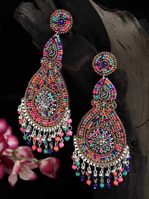 

Moedbuille Multi Color Beads Studded Afghan Design Oxidised Silver Plated Handcrafted Earrings