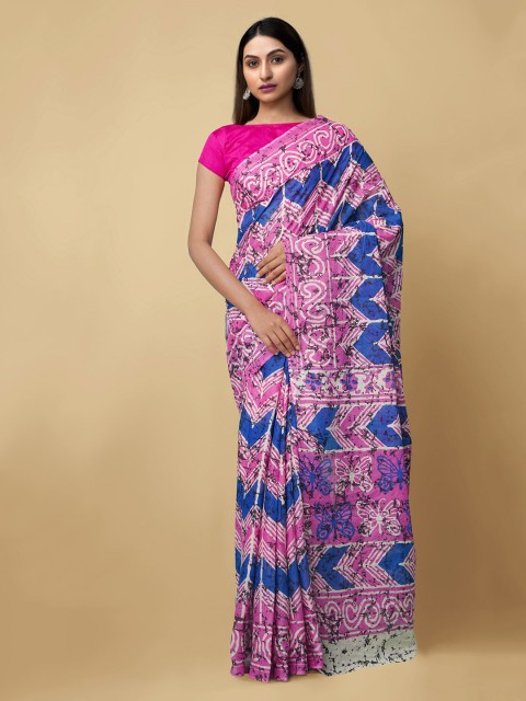 

Unnati Silks Pink & Blue Pure Cotton Printed Pochampally Handloom Saree